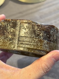 A Chinese archaic russet jade Liangzhu-style cong with a silk covered box, Liangzhu culture, Neolithic period or later