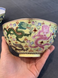 A pair of Chinese eggshell famille rose 'dragon' bowls, Qianlong mark, 20th C.