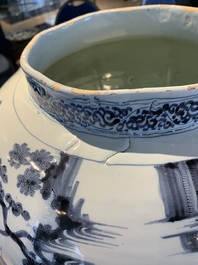 A large blue and white Dutch Delft chinoiserie vase and cover, late 17th C.