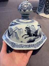 A large blue and white Dutch Delft chinoiserie vase and cover, late 17th C.