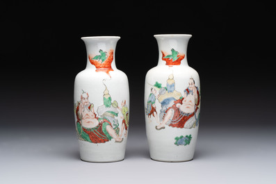 A pair of Chinese polychrome 'Zhong Kui' vases and two qianjiang cai hat stands, Jiangxi Ciye Gongsi 江西瓷业公司 mark, 20th C.