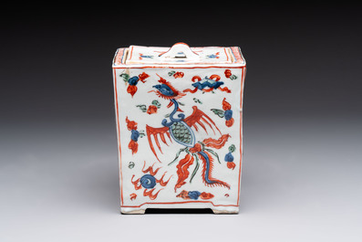 A Chinese wucai square covered container, a gilt bronze-mounted famille verte vase and a Canton famille verte bottle vase, Kangxi and later