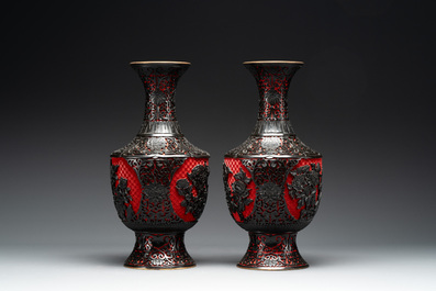 A collection of four Chinese lacquered enamel vases and a hardstone bonsai tree, 20th C.