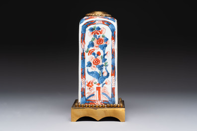 A Chinese famille verte hanging chopstick holder, a gilt bronze-mounted Imari-verte square flask and a wucai bowl, Kangxi and later