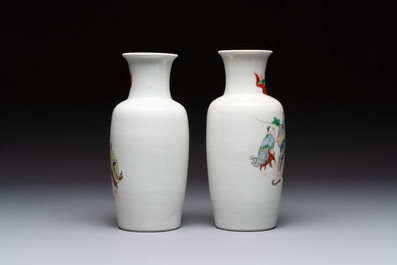 A pair of Chinese polychrome 'Zhong Kui' vases and two qianjiang cai hat stands, Jiangxi Ciye Gongsi 江西瓷业公司 mark, 20th C.