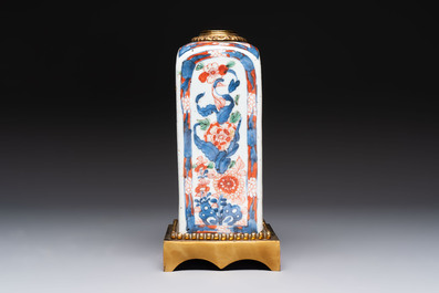 A Chinese famille verte hanging chopstick holder, a gilt bronze-mounted Imari-verte square flask and a wucai bowl, Kangxi and later