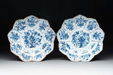 A pair of Chinese blue and white 'lotus' dishes and a pair of plates, Kangxi/Yongzheng