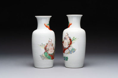 A pair of Chinese polychrome 'Zhong Kui' vases and two qianjiang cai hat stands, Jiangxi Ciye Gongsi 江西瓷业公司 mark, 20th C.