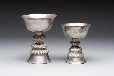 Two Tibetan silver butter lamps, 19th C.