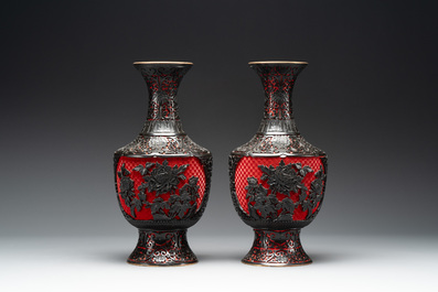 A collection of four Chinese lacquered enamel vases and a hardstone bonsai tree, 20th C.