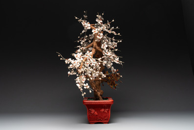A collection of four Chinese lacquered enamel vases and a hardstone bonsai tree, 20th C.
