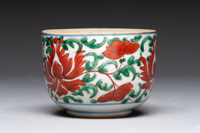 A Chinese famille verte hanging chopstick holder, a gilt bronze-mounted Imari-verte square flask and a wucai bowl, Kangxi and later