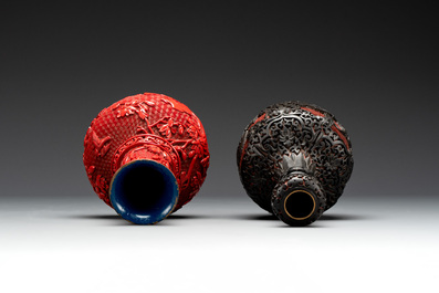 A collection of four Chinese lacquered enamel vases and a hardstone bonsai tree, 20th C.