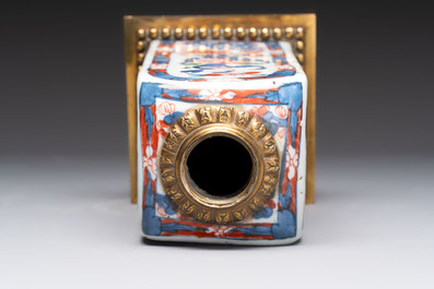 A Chinese famille verte hanging chopstick holder, a gilt bronze-mounted Imari-verte square flask and a wucai bowl, Kangxi and later