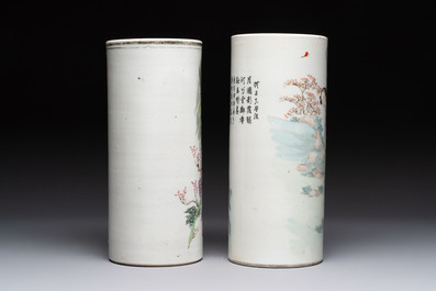 A pair of Chinese polychrome 'Zhong Kui' vases and two qianjiang cai hat stands, Jiangxi Ciye Gongsi 江西瓷业公司 mark, 20th C.