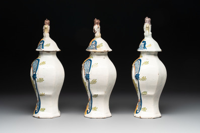 A polychrome Dutch Delft garniture of five vases with the portrait of William I of The Netherlands, early 19th C.