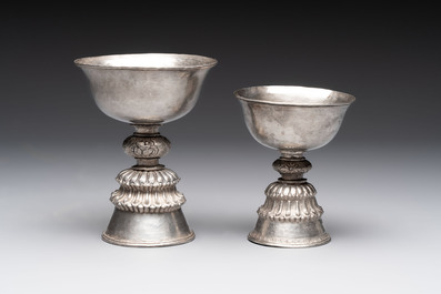 Two Tibetan silver butter lamps, 19th C.