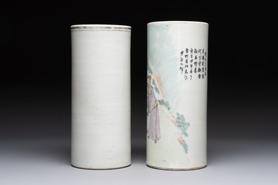 A pair of Chinese polychrome 'Zhong Kui' vases and two qianjiang cai hat stands, Jiangxi Ciye Gongsi 江西瓷业公司 mark, 20th C.