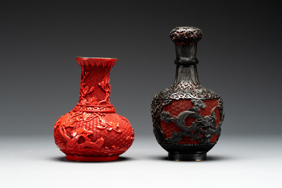 A collection of four Chinese lacquered enamel vases and a hardstone bonsai tree, 20th C.