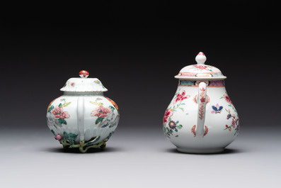 Two Chinese famille rose teapots, an Imari-style teapot and a Dutch-decorated teapot, Yongzheng/Qianlong