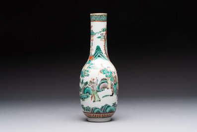 A Chinese wucai square covered container, a gilt bronze-mounted famille verte vase and a Canton famille verte bottle vase, Kangxi and later