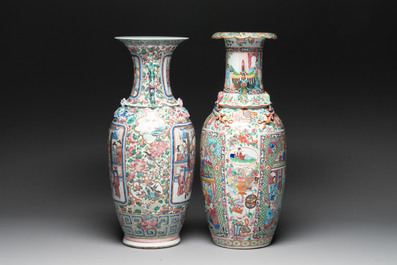 Two Chinese Canton famille rose vases with narrative design, 19th C.