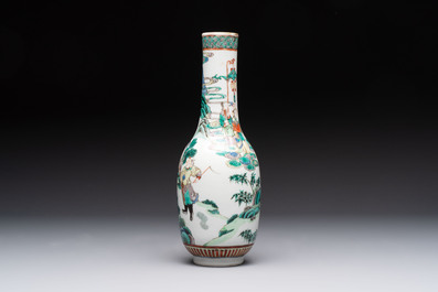 A Chinese wucai square covered container, a gilt bronze-mounted famille verte vase and a Canton famille verte bottle vase, Kangxi and later