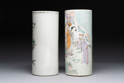 A pair of Chinese polychrome 'Zhong Kui' vases and two qianjiang cai hat stands, Jiangxi Ciye Gongsi 江西瓷业公司 mark, 20th C.