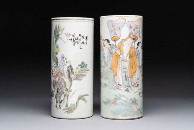 A pair of Chinese polychrome 'Zhong Kui' vases and two qianjiang cai hat stands, Jiangxi Ciye Gongsi 江西瓷业公司 mark, 20th C.