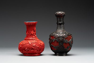 A collection of four Chinese lacquered enamel vases and a hardstone bonsai tree, 20th C.