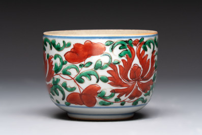 A Chinese famille verte hanging chopstick holder, a gilt bronze-mounted Imari-verte square flask and a wucai bowl, Kangxi and later