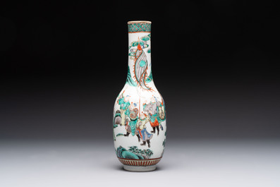 A Chinese wucai square covered container, a gilt bronze-mounted famille verte vase and a Canton famille verte bottle vase, Kangxi and later