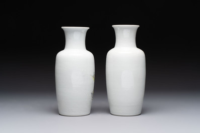 A pair of Chinese polychrome 'Zhong Kui' vases and two qianjiang cai hat stands, Jiangxi Ciye Gongsi 江西瓷业公司 mark, 20th C.
