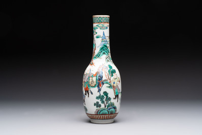 A Chinese wucai square covered container, a gilt bronze-mounted famille verte vase and a Canton famille verte bottle vase, Kangxi and later