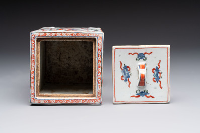 A Chinese wucai square covered container, a gilt bronze-mounted famille verte vase and a Canton famille verte bottle vase, Kangxi and later