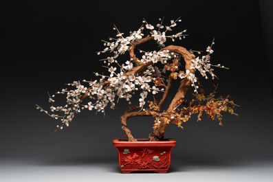 A collection of four Chinese lacquered enamel vases and a hardstone bonsai tree, 20th C.
