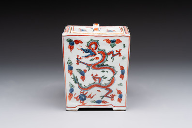 A Chinese wucai square covered container, a gilt bronze-mounted famille verte vase and a Canton famille verte bottle vase, Kangxi and later