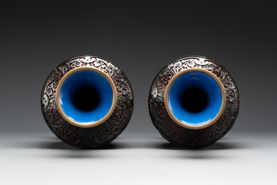 A collection of four Chinese lacquered enamel vases and a hardstone bonsai tree, 20th C.