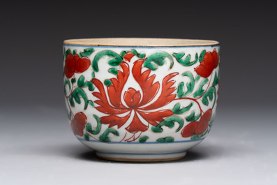 A Chinese famille verte hanging chopstick holder, a gilt bronze-mounted Imari-verte square flask and a wucai bowl, Kangxi and later