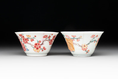 Two Chinese famille rose 'birds on flowering branches' cups and saucers, Yongzheng