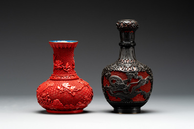 A collection of four Chinese lacquered enamel vases and a hardstone bonsai tree, 20th C.