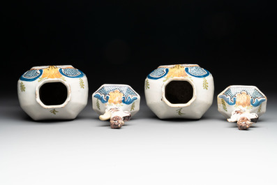 A polychrome Dutch Delft garniture of five vases with the portrait of William I of The Netherlands, early 19th C.