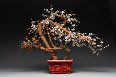 A collection of four Chinese lacquered enamel vases and a hardstone bonsai tree, 20th C.