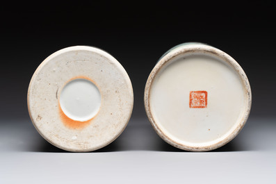 A pair of Chinese polychrome 'Zhong Kui' vases and two qianjiang cai hat stands, Jiangxi Ciye Gongsi 江西瓷业公司 mark, 20th C.