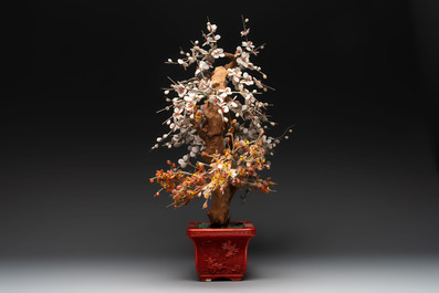 A collection of four Chinese lacquered enamel vases and a hardstone bonsai tree, 20th C.