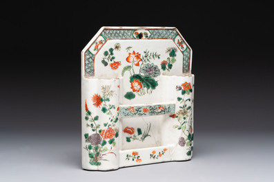 A Chinese famille verte hanging chopstick holder, a gilt bronze-mounted Imari-verte square flask and a wucai bowl, Kangxi and later