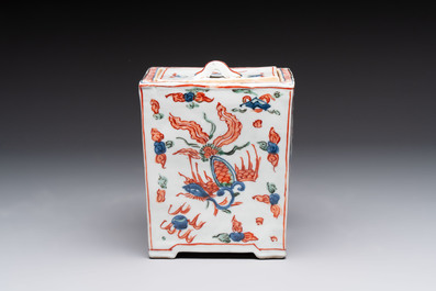 A Chinese wucai square covered container, a gilt bronze-mounted famille verte vase and a Canton famille verte bottle vase, Kangxi and later