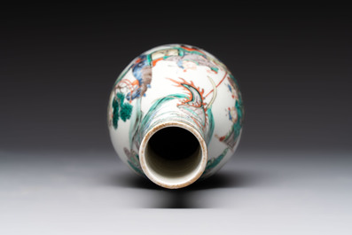 A Chinese wucai square covered container, a gilt bronze-mounted famille verte vase and a Canton famille verte bottle vase, Kangxi and later