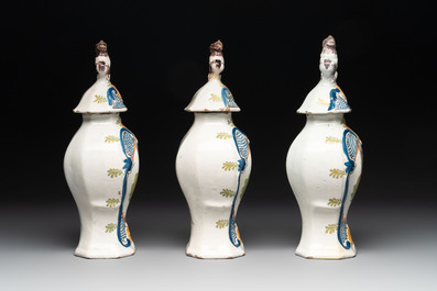 A polychrome Dutch Delft garniture of five vases with the portrait of William I of The Netherlands, early 19th C.