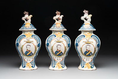 A polychrome Dutch Delft garniture of five vases with the portrait of William I of The Netherlands, early 19th C.